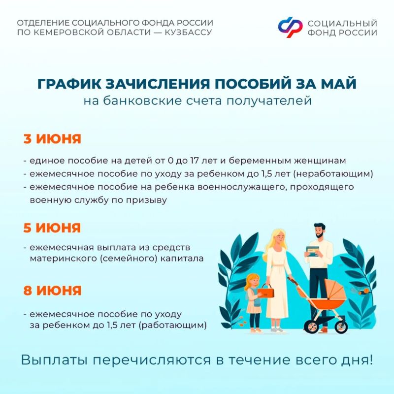График выплат пенсий и детских пособий в июне