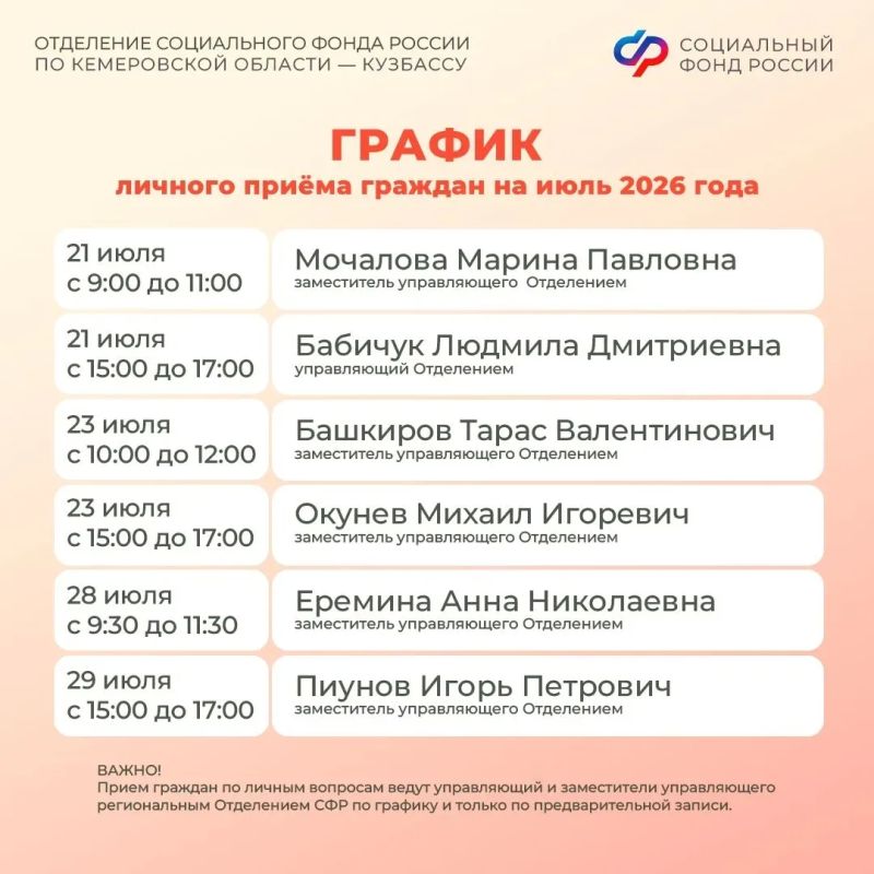 График личного приема граждан руководством Отделения СФР по Кузбассу в июле График личного приема граждан руководством Отделения СФР по Кузбассу в июле