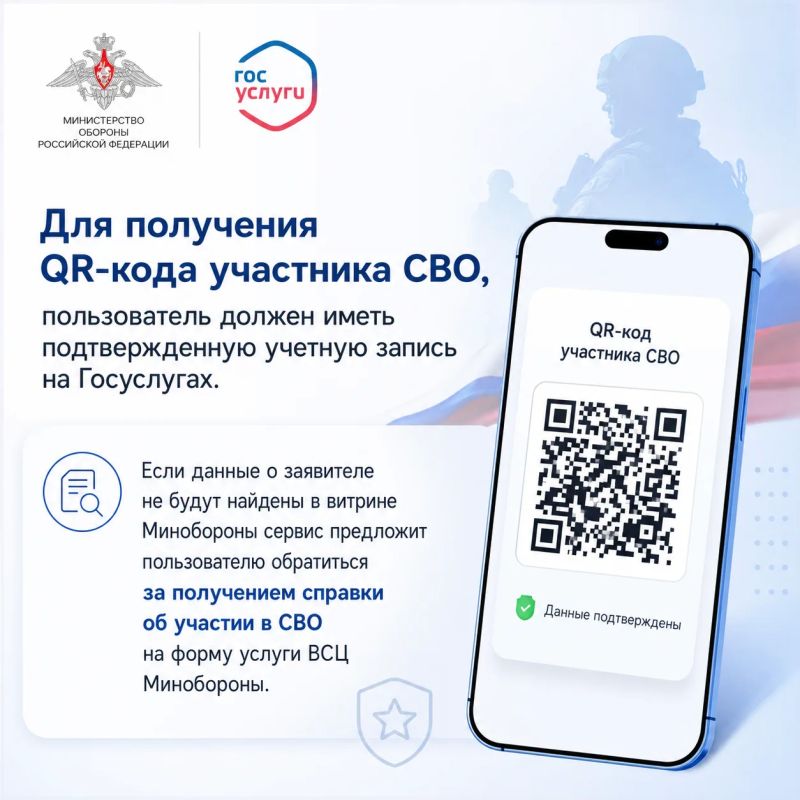 На Едином портале госуслуг запущен специальный сервис — «QR-код для подтверждения статуса участника СВО» На Едином портале госуслуг запущен специальный сервис — «QR-код для подтверждения статуса участника СВО»